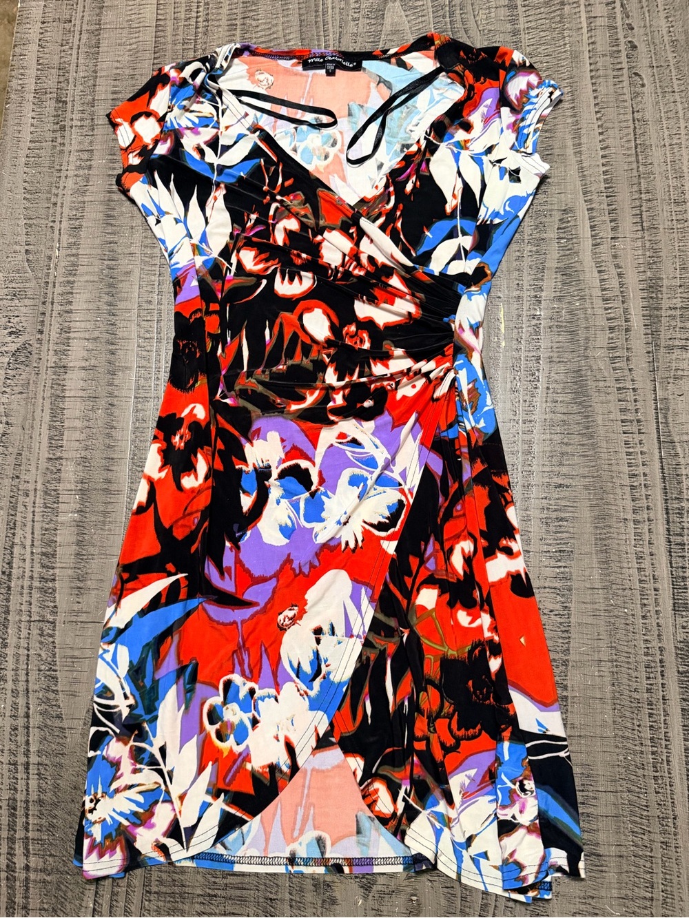 Floral Faux-Wrap Mini Dress in Red, Blue & Black